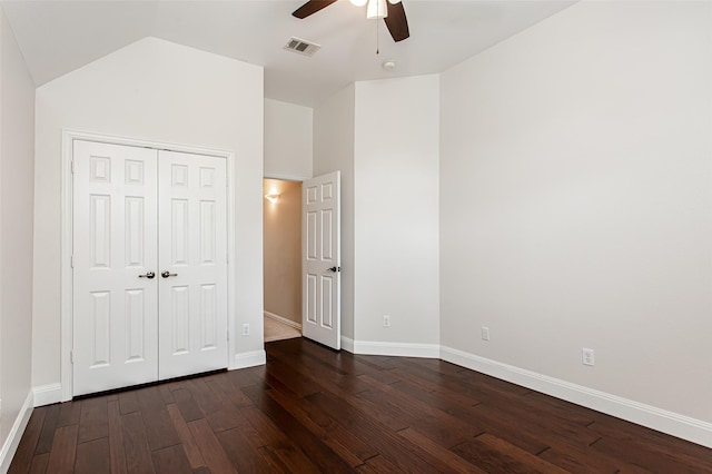 3700 Wagon Wheel Ct, Richardson, TX 75082 - unfurnished bedroom with dark wood-style flooring, a closet, lofted ceiling, and ceiling fan