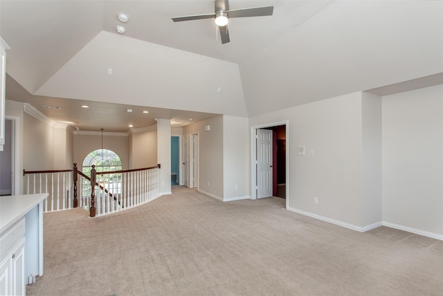 3700 Wagon Wheel Ct, Richardson, TX 75082 - spare room with light colored carpet, a ceiling fan, high vaulted ceiling, ornamental molding, and recessed lighting