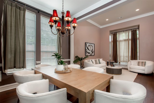 3700 Wagon Wheel Ct, Richardson, TX 75082 - dining space with a chandelier, dark wood-style floors, recessed lighting, and crown molding