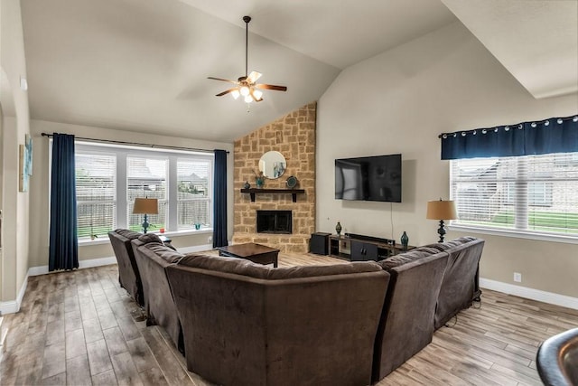 4323 Cherry Ln, Melissa, TX 75454 - living area featuring a ceiling fan, a fireplace, wood finished floors, lofted ceiling, and baseboards