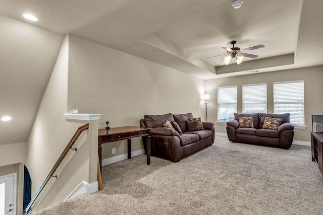 4323 Cherry Ln, Melissa, TX 75454 - living area with ceiling fan, baseboards, a raised ceiling, and light carpet