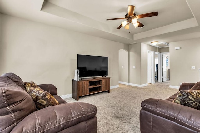 4323 Cherry Ln, Melissa, TX 75454 - living area with a raised ceiling, baseboards, light carpet, and ceiling fan