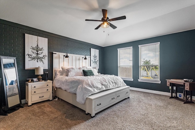 2709 Madera Canyon Rd, Aubrey, TX 76227 - bedroom featuring carpet floors, brick wall, baseboards, ceiling fan, and lofted ceiling