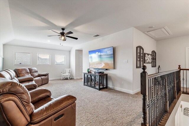 2709 Madera Canyon Rd, Aubrey, TX 76227 - living area with attic access, ceiling fan, carpet floors, and baseboards