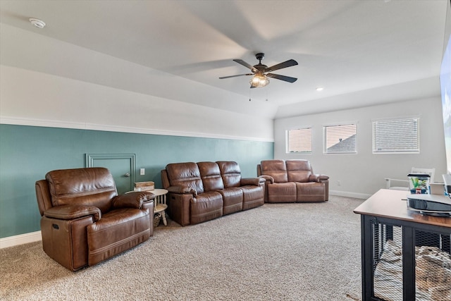 2709 Madera Canyon Rd, Aubrey, TX 76227 - living room featuring light carpet, baseboards, and a ceiling fan