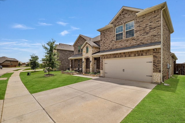 2709 Madera Canyon Rd, Aubrey, TX 76227 - traditional home with an attached garage, concrete driveway, brick siding, and stone siding