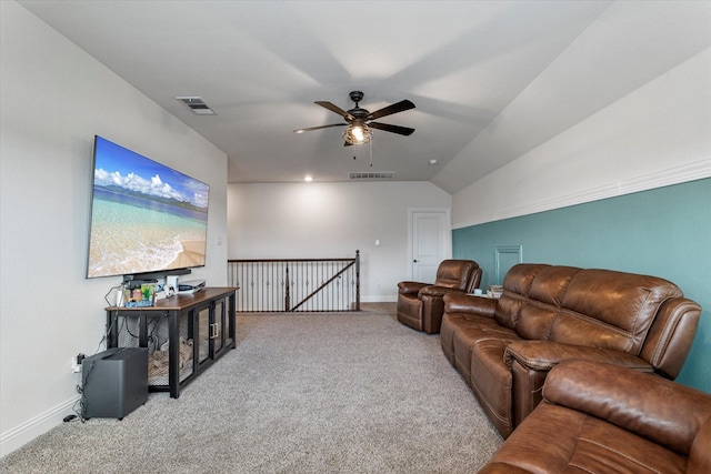 2709 Madera Canyon Rd, Aubrey, TX 76227 - carpeted living room featuring baseboards, ceiling fan, and lofted ceiling