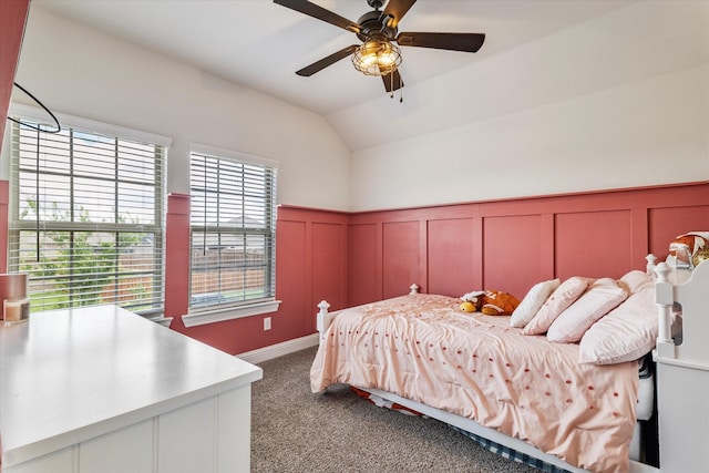 2709 Madera Canyon Rd, Aubrey, TX 76227 - bedroom featuring lofted ceiling, carpet, a decorative wall, wainscoting, and ceiling fan
