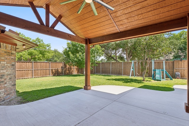 3100 Jomar Dr, Plano, TX 75075 - view of patio / terrace featuring a ceiling fan and a playground