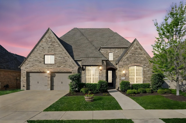 6313 Savannah Oak Trl, Flower Mound, TX 76226 - french country home with brick siding, driveway, an attached garage, and a shingled roof
