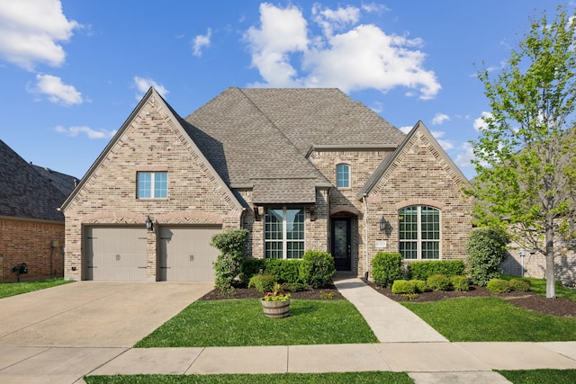 6313 Savannah Oak Trl, Flower Mound, TX 76226 - view of front of house featuring brick siding, concrete driveway, roof with shingles, a front lawn, and an attached garage