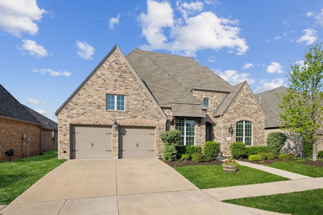 6313 Savannah Oak Trl, Flower Mound, TX 76226 - view of front of home with brick siding, a front yard, concrete driveway, and a shingled roof