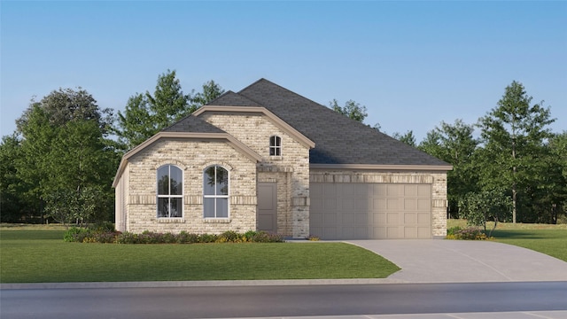 1317 Francesca Dr, Little Elm, TX 75068 - french country inspired facade with a garage, concrete driveway, a front yard, and a shingled roof