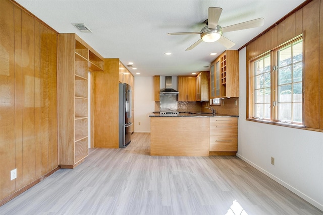6417 Winifred Dr, Fort Worth, TX 76133 - kitchen featuring open shelves, high end refrigerator, wall chimney exhaust hood, light wood-type flooring, and a ceiling fan
