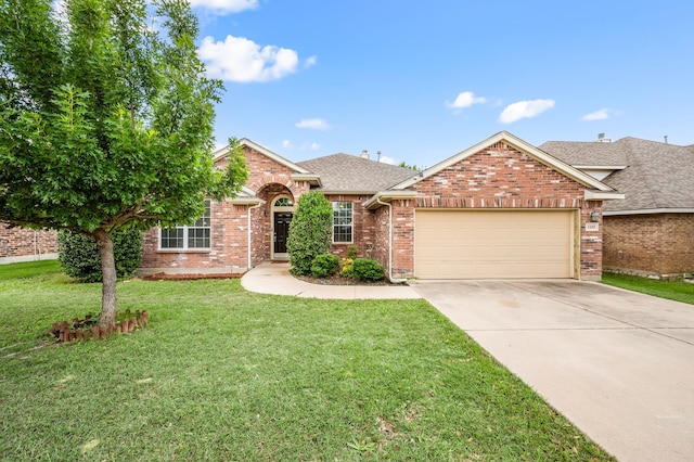 1205 Hickory Bend Ln, Fort Worth, TX 76108 - view of front facade with concrete driveway, a garage, a front yard, brick siding, and roof with shingles