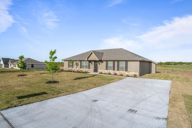 3821 Pine Rd, Poolville, TX 76487 - ranch-style house featuring a front yard, stone siding, and a shingled roof