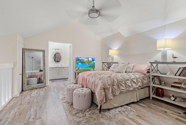 1006 Signal Ridge Pl, Rockwall, TX 75032 - bedroom featuring light wood finished floors, lofted ceiling, ensuite bath, and a ceiling fan