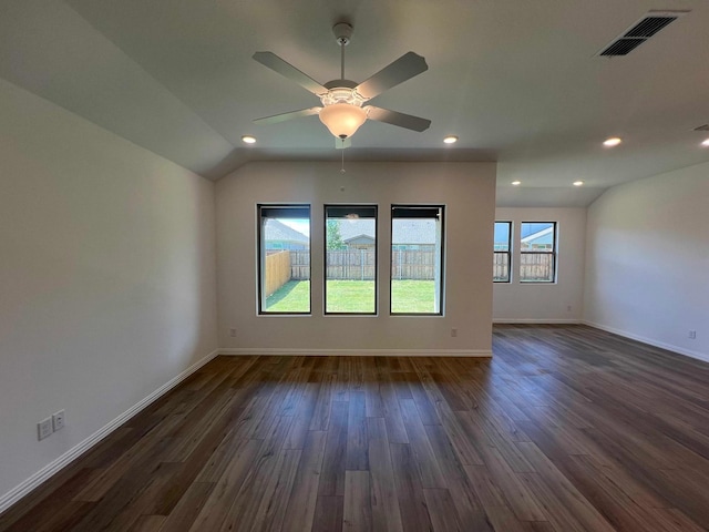 805 Roanoke, Princeton, TX 75407 - empty room with dark wood-type flooring, baseboards, a ceiling fan, recessed lighting, and lofted ceiling