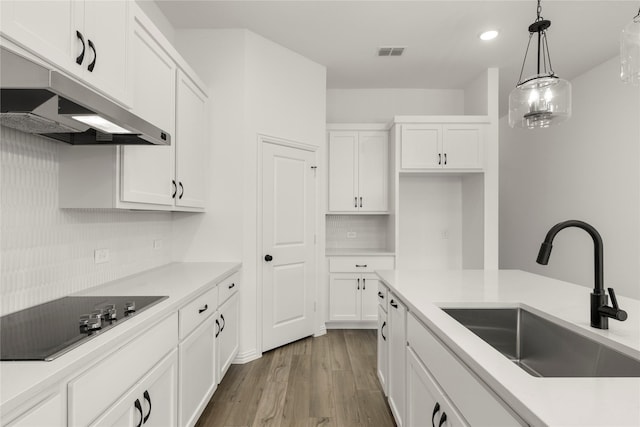 805 Roanoke, Princeton, TX 75407 - kitchen featuring black electric cooktop, under cabinet range hood, pendant lighting, wood finished floors, and decorative backsplash