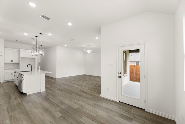 805 Roanoke, Princeton, TX 75407 - kitchen with recessed lighting, open floor plan, white cabinets, light countertops, and light wood-style flooring
