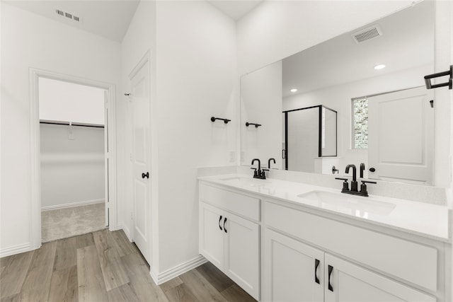 805 Roanoke, Princeton, TX 75407 - full bath featuring wood finished floors, double vanity, an enclosed shower, a spacious closet, and recessed lighting