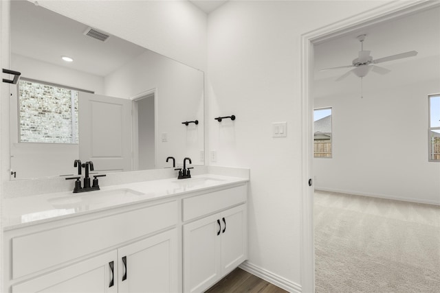 805 Roanoke, Princeton, TX 75407 - bathroom featuring ceiling fan, double vanity, and recessed lighting