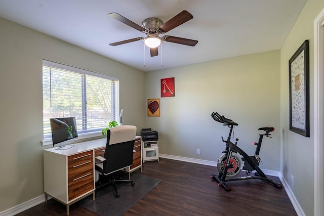 1019 Patricia Dr, Sherman, TX 75090 - home office featuring dark wood finished floors, a ceiling fan, and baseboards