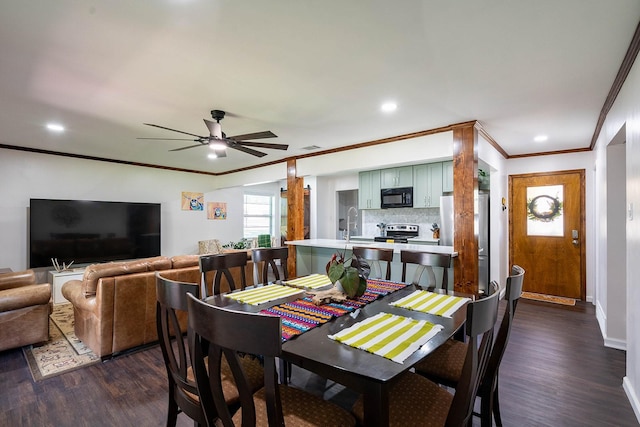 1019 Patricia Dr, Sherman, TX 75090 - dining space featuring crown molding, dark wood-style floors, a ceiling fan, baseboards, and recessed lighting