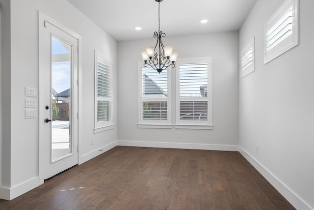 124 Craigmore Dr, Argyle, TX 76226 - unfurnished dining area featuring a chandelier, dark wood-style floors, baseboards, and recessed lighting
