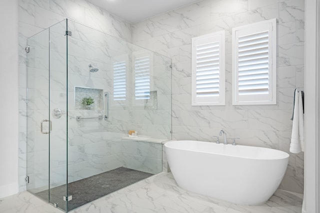 124 Craigmore Dr, Argyle, TX 76226 - bathroom featuring a freestanding bath, marble finish flooring, and a marble finish shower