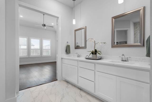 124 Craigmore Dr, Argyle, TX 76226 - bathroom with ceiling fan, double vanity, marble finish floors, and recessed lighting