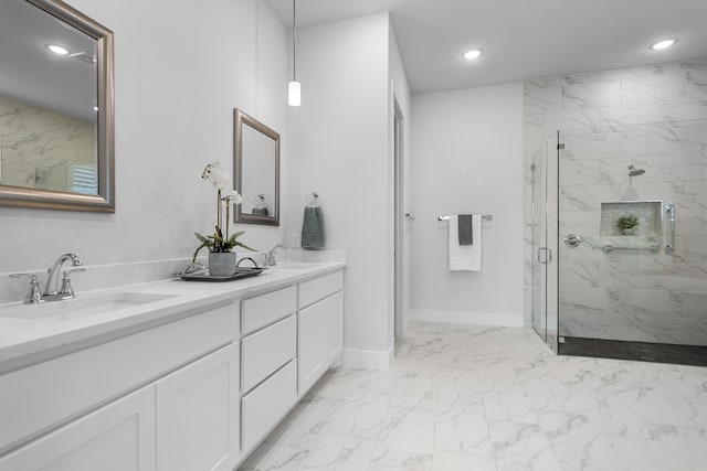 124 Craigmore Dr, Argyle, TX 76226 - full bathroom featuring marble look tile flooring, recessed lighting, a marble finish shower, double vanity, and baseboards