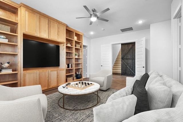 124 Craigmore Dr, Argyle, TX 76226 - living room featuring wood finished floors, ceiling fan, stairway, and recessed lighting