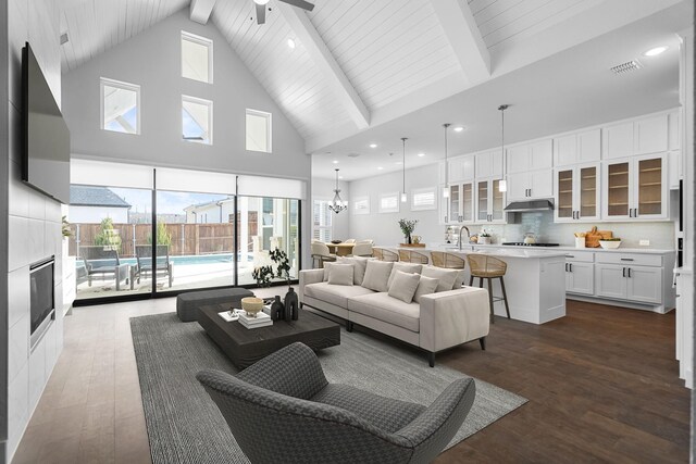 124 Craigmore Dr, Argyle, TX 76226 - living room with high vaulted ceiling, a ceiling fan, beam ceiling, dark wood finished floors, and healthy amount of natural light