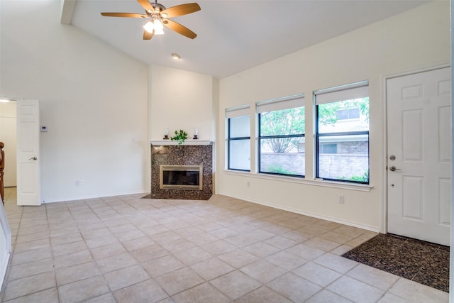 1112 Forest Creek St, Benbrook, TX 76126 - unfurnished living room featuring light tile patterned floors, ceiling fan, high vaulted ceiling, baseboards, and a fireplace
