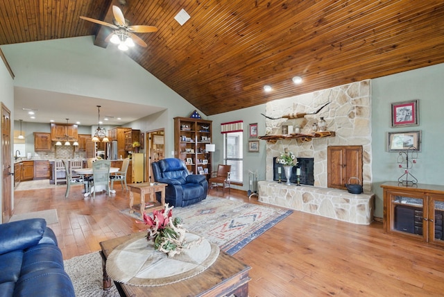 5925 Compass Way, Bluff Dale, TX 76433 - living area featuring light wood finished floors, high vaulted ceiling, a fireplace, ceiling fan, and wood ceiling