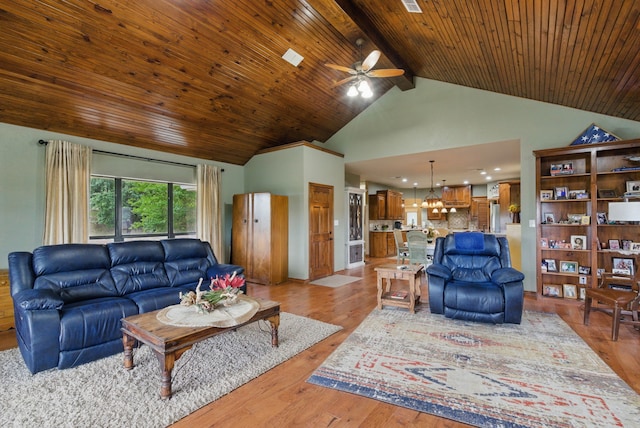 5925 Compass Way, Bluff Dale, TX 76433 - living area featuring a ceiling fan, high vaulted ceiling, light wood-style floors, a chandelier, and wooden ceiling with exposed beams
