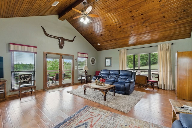 5925 Compass Way, Bluff Dale, TX 76433 - living room featuring wood ceiling with exposed beams, hardwood / wood-style floors, high vaulted ceiling, and a ceiling fan