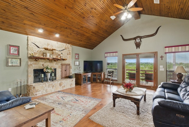 5925 Compass Way, Bluff Dale, TX 76433 - living area featuring healthy amount of natural light, a fireplace, ceiling fan, high vaulted ceiling, and wood finished floors