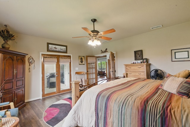 5925 Compass Way, Bluff Dale, TX 76433 - bedroom with access to exterior, french doors, dark wood finished floors, a ceiling fan, and baseboards