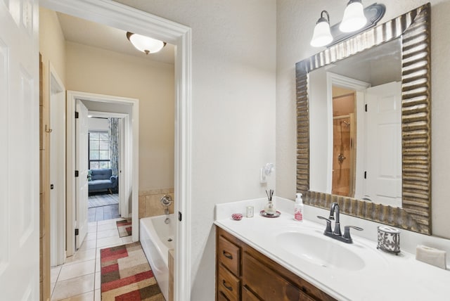 5925 Compass Way, Bluff Dale, TX 76433 - bathroom with tile patterned flooring, vanity, a bathtub, and a shower