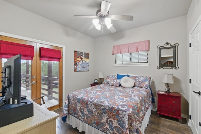 5925 Compass Way, Bluff Dale, TX 76433 - bedroom with access to outside, wood finished floors, ceiling fan, and french doors