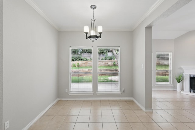 3812 Ridgemont Ln, Denton, TX 76210 - unfurnished dining area featuring a chandelier, light tile patterned floors, a fireplace with raised hearth, ornamental molding, and baseboards