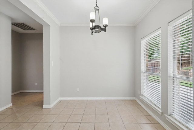 3812 Ridgemont Ln, Denton, TX 76210 - unfurnished room featuring crown molding, a chandelier, light tile patterned floors, and baseboards