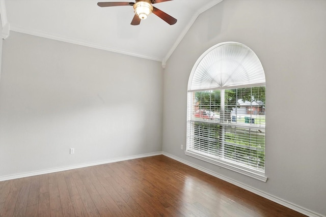 3812 Ridgemont Ln, Denton, TX 76210 - spare room featuring lofted ceiling, a ceiling fan, wood finished floors, ornamental molding, and baseboards