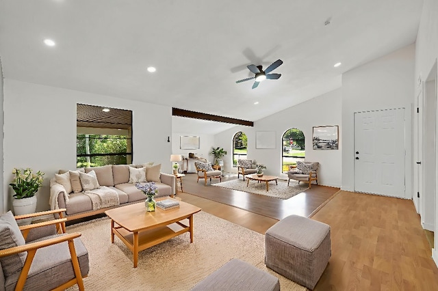 3008 Lindbergh Dr, Dallas, TX 75228 - living room featuring a ceiling fan, light wood-type flooring, recessed lighting, and high vaulted ceiling