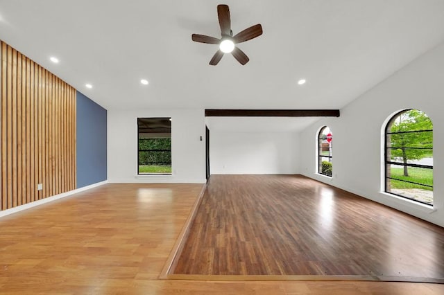 3008 Lindbergh Dr, Dallas, TX 75228 - unfurnished living room with light wood finished floors, vaulted ceiling, ceiling fan, and recessed lighting