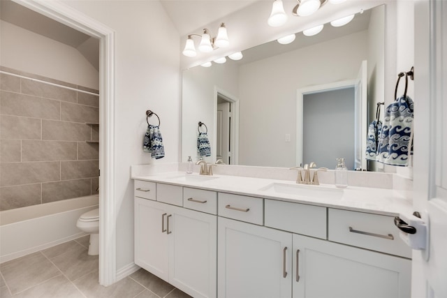11578 Barcelona Ln, Frisco, TX 75035 - bathroom with double vanity, toilet, bathtub / shower combination, and tile patterned floors