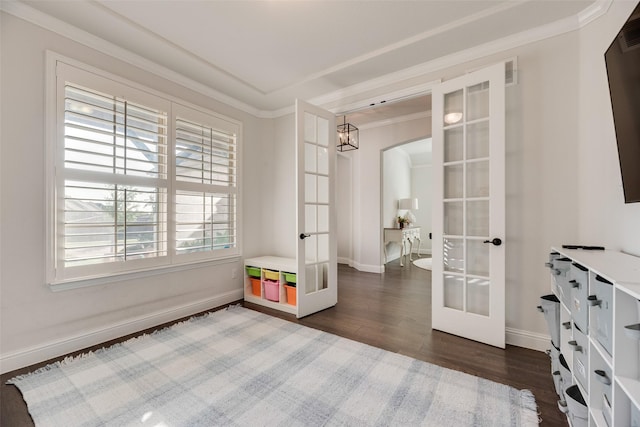 11578 Barcelona Ln, Frisco, TX 75035 - bedroom with french doors, dark wood-style floors, baseboards, and crown molding