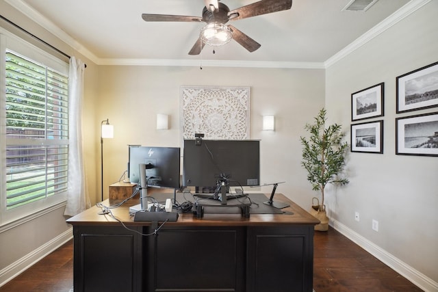 1300 Millers Creek Dr, Prosper, TX 75078 - home office with ceiling fan, dark wood finished floors, baseboards, and crown molding